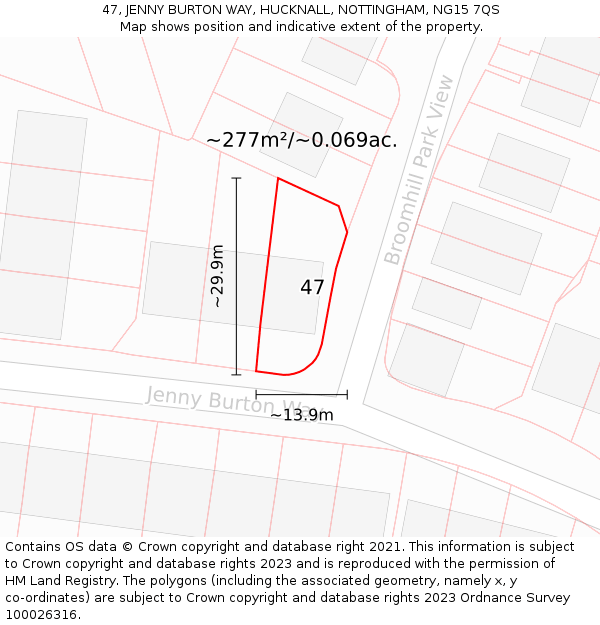 47, JENNY BURTON WAY, HUCKNALL, NOTTINGHAM, NG15 7QS: Plot and title map