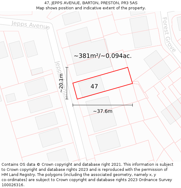 47, JEPPS AVENUE, BARTON, PRESTON, PR3 5AS: Plot and title map