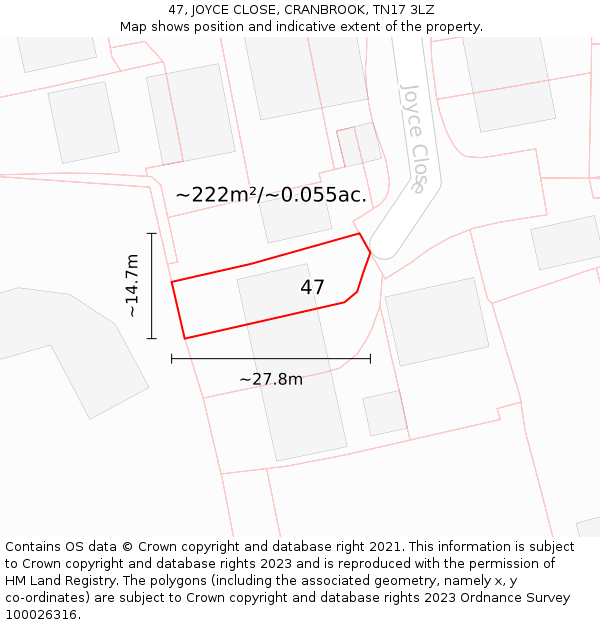 47, JOYCE CLOSE, CRANBROOK, TN17 3LZ: Plot and title map