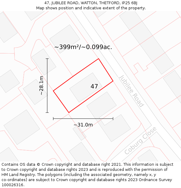 47, JUBILEE ROAD, WATTON, THETFORD, IP25 6BJ: Plot and title map