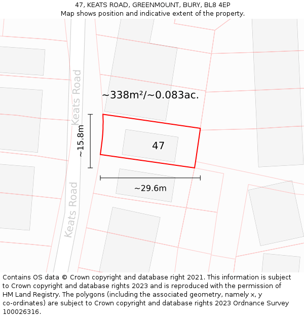 47, KEATS ROAD, GREENMOUNT, BURY, BL8 4EP: Plot and title map