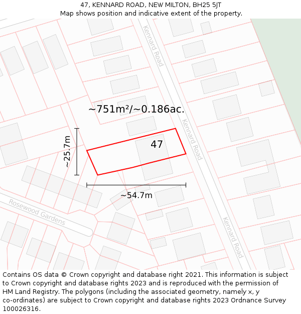47, KENNARD ROAD, NEW MILTON, BH25 5JT: Plot and title map