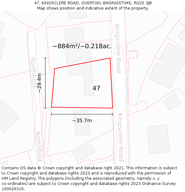 47, KINGSCLERE ROAD, OVERTON, BASINGSTOKE, RG25 3JB: Plot and title map