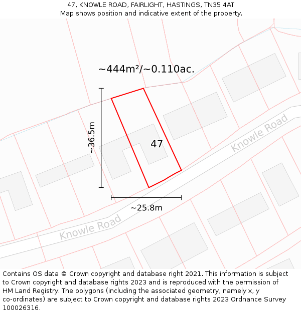 47, KNOWLE ROAD, FAIRLIGHT, HASTINGS, TN35 4AT: Plot and title map