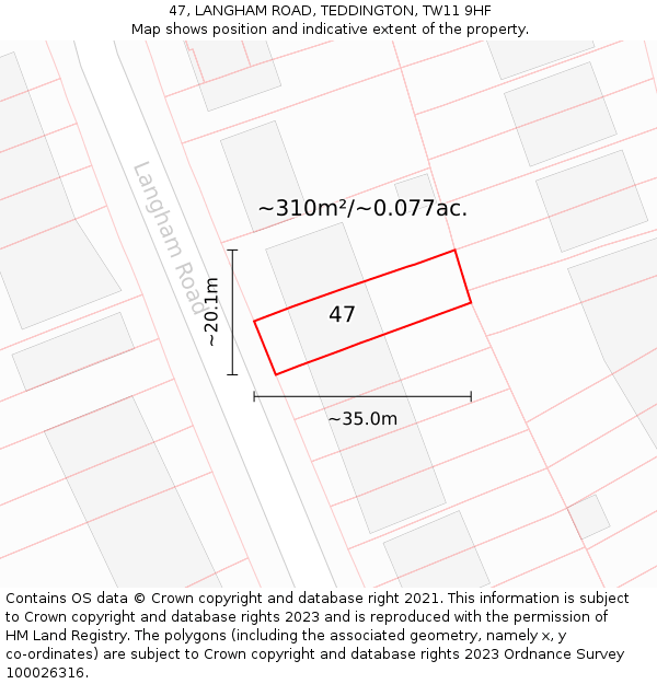 47, LANGHAM ROAD, TEDDINGTON, TW11 9HF: Plot and title map