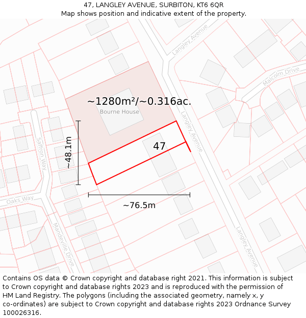 47, LANGLEY AVENUE, SURBITON, KT6 6QR: Plot and title map