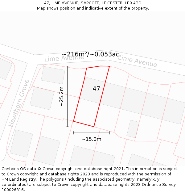 47, LIME AVENUE, SAPCOTE, LEICESTER, LE9 4BD: Plot and title map