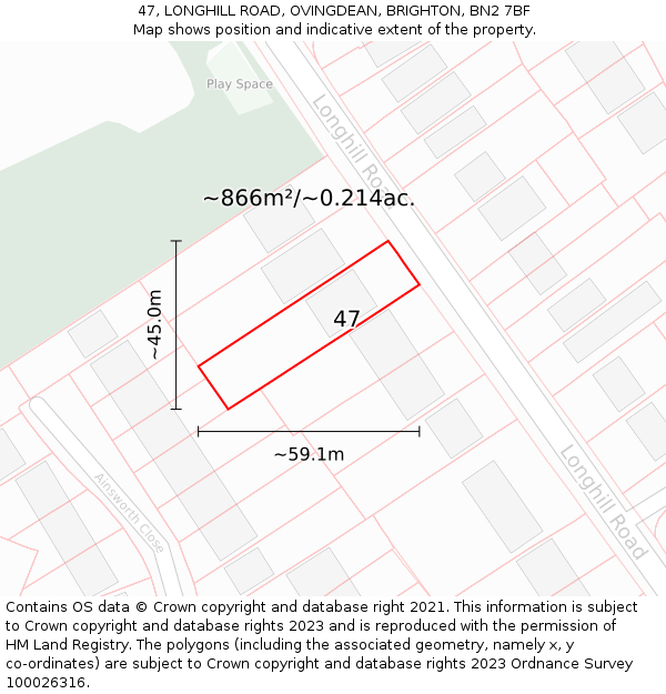 47, LONGHILL ROAD, OVINGDEAN, BRIGHTON, BN2 7BF: Plot and title map