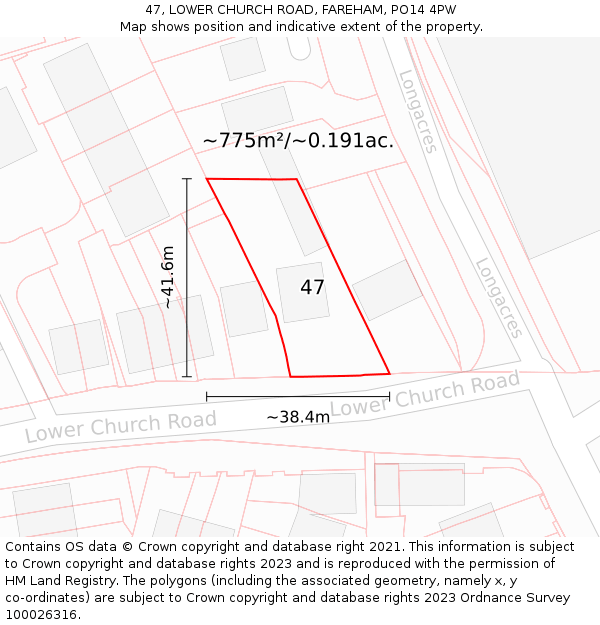 47, LOWER CHURCH ROAD, FAREHAM, PO14 4PW: Plot and title map