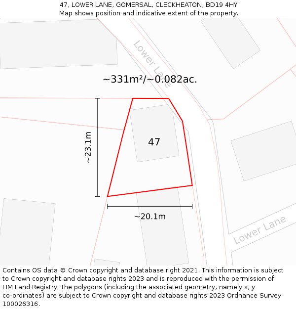 47, LOWER LANE, GOMERSAL, CLECKHEATON, BD19 4HY: Plot and title map