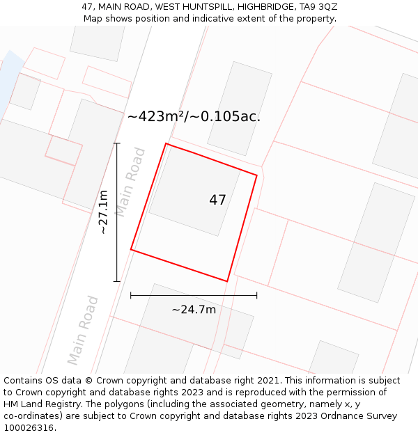 47, MAIN ROAD, WEST HUNTSPILL, HIGHBRIDGE, TA9 3QZ: Plot and title map