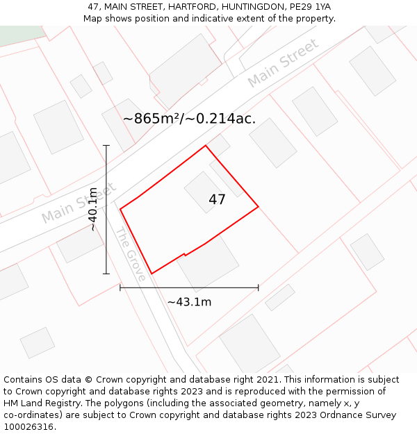 47, MAIN STREET, HARTFORD, HUNTINGDON, PE29 1YA: Plot and title map