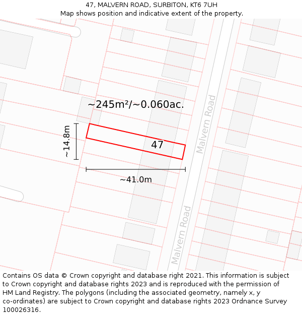 47, MALVERN ROAD, SURBITON, KT6 7UH: Plot and title map