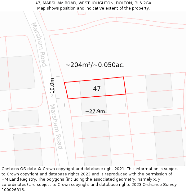 47, MARSHAM ROAD, WESTHOUGHTON, BOLTON, BL5 2GX: Plot and title map