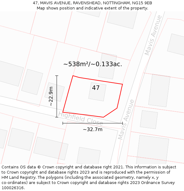 47, MAVIS AVENUE, RAVENSHEAD, NOTTINGHAM, NG15 9EB: Plot and title map