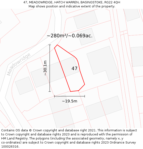 47, MEADOWRIDGE, HATCH WARREN, BASINGSTOKE, RG22 4QH: Plot and title map