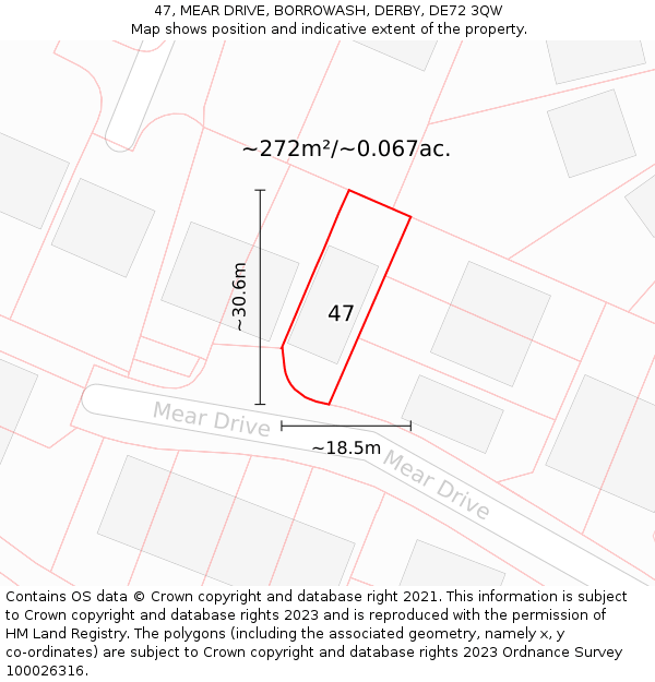 47, MEAR DRIVE, BORROWASH, DERBY, DE72 3QW: Plot and title map