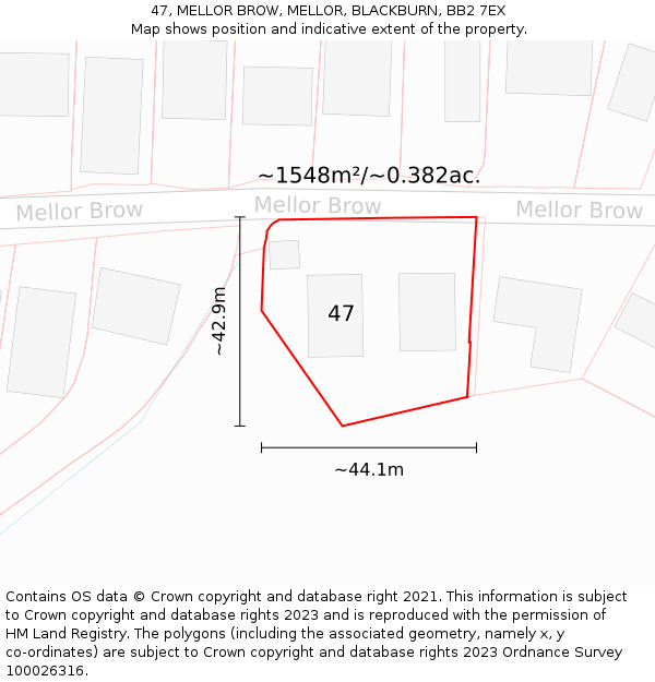 47, MELLOR BROW, MELLOR, BLACKBURN, BB2 7EX: Plot and title map