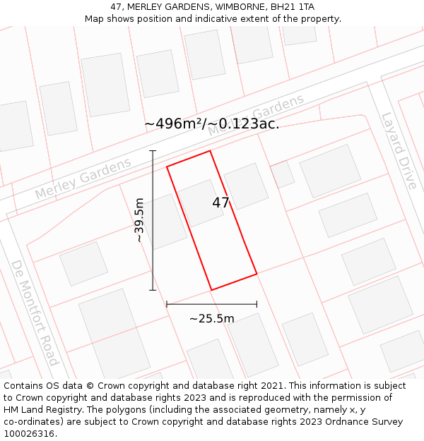 47, MERLEY GARDENS, WIMBORNE, BH21 1TA: Plot and title map