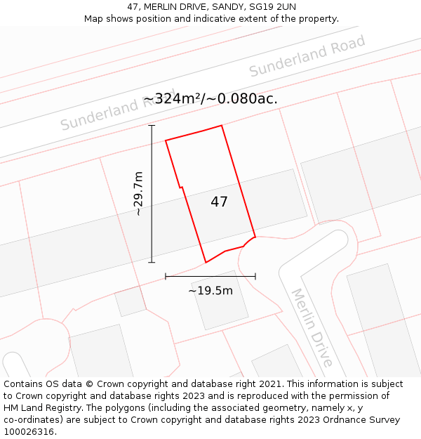 47, MERLIN DRIVE, SANDY, SG19 2UN: Plot and title map