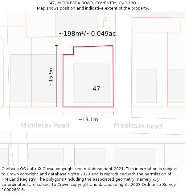 47, MIDDLESEX ROAD, COVENTRY, CV3 1PQ: Plot and title map