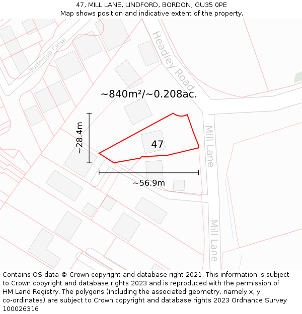 47, MILL LANE, LINDFORD, BORDON, GU35 0PE: Plot and title map