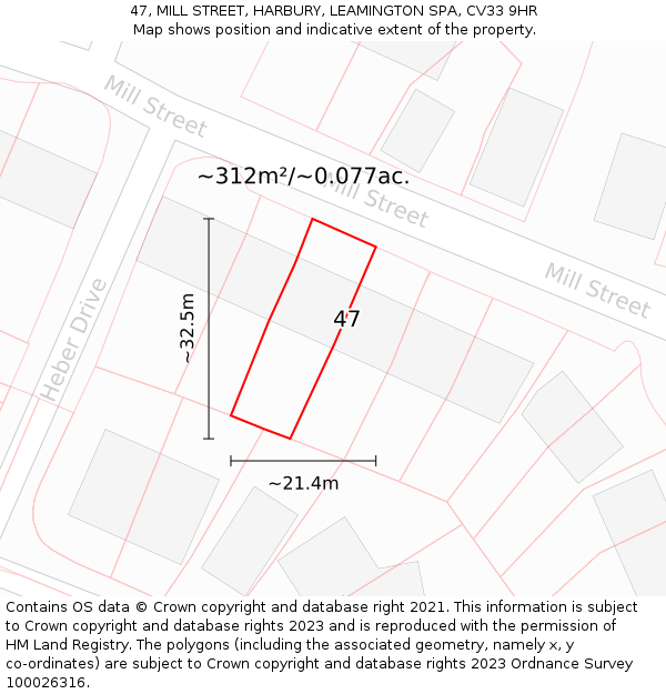 47, MILL STREET, HARBURY, LEAMINGTON SPA, CV33 9HR: Plot and title map