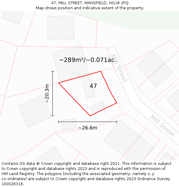 47, MILL STREET, MANSFIELD, NG18 2PQ: Plot and title map