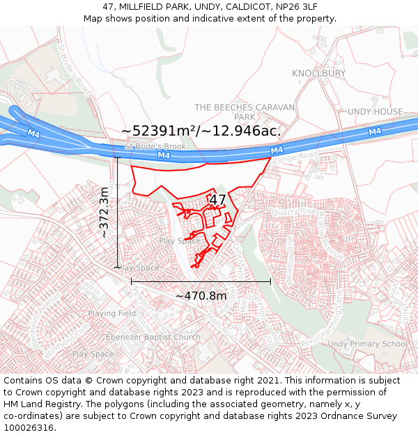 47, MILLFIELD PARK, UNDY, CALDICOT, NP26 3LF: Plot and title map