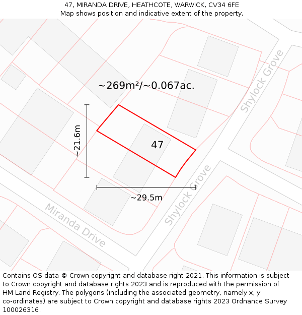 47, MIRANDA DRIVE, HEATHCOTE, WARWICK, CV34 6FE: Plot and title map
