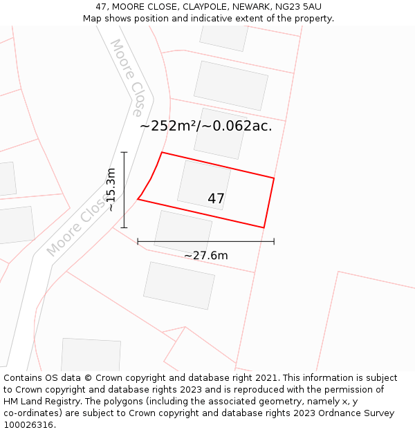 47, MOORE CLOSE, CLAYPOLE, NEWARK, NG23 5AU: Plot and title map