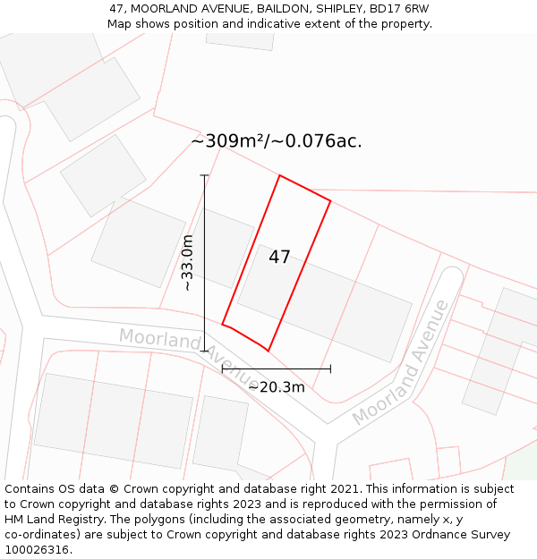 47, MOORLAND AVENUE, BAILDON, SHIPLEY, BD17 6RW: Plot and title map