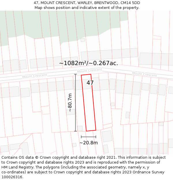 47, MOUNT CRESCENT, WARLEY, BRENTWOOD, CM14 5DD: Plot and title map