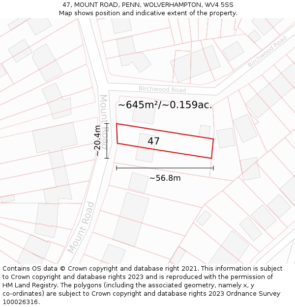 47, MOUNT ROAD, PENN, WOLVERHAMPTON, WV4 5SS: Plot and title map