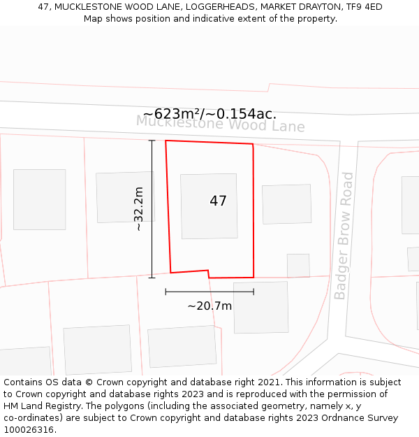 47, MUCKLESTONE WOOD LANE, LOGGERHEADS, MARKET DRAYTON, TF9 4ED: Plot and title map