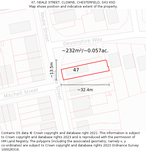 47, NEALE STREET, CLOWNE, CHESTERFIELD, S43 4SD: Plot and title map