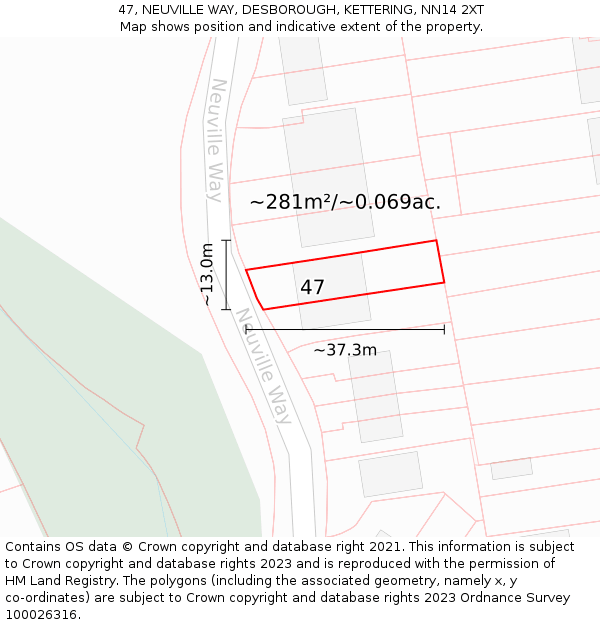 47, NEUVILLE WAY, DESBOROUGH, KETTERING, NN14 2XT: Plot and title map