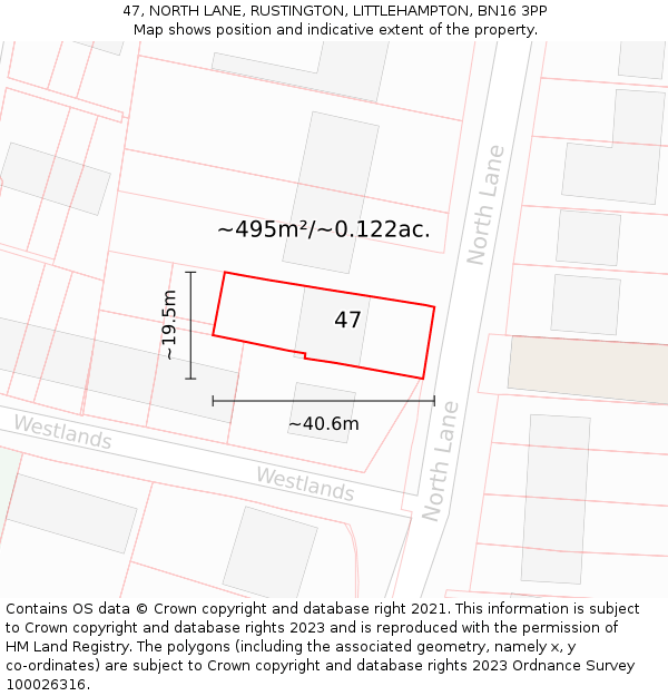 47, NORTH LANE, RUSTINGTON, LITTLEHAMPTON, BN16 3PP: Plot and title map