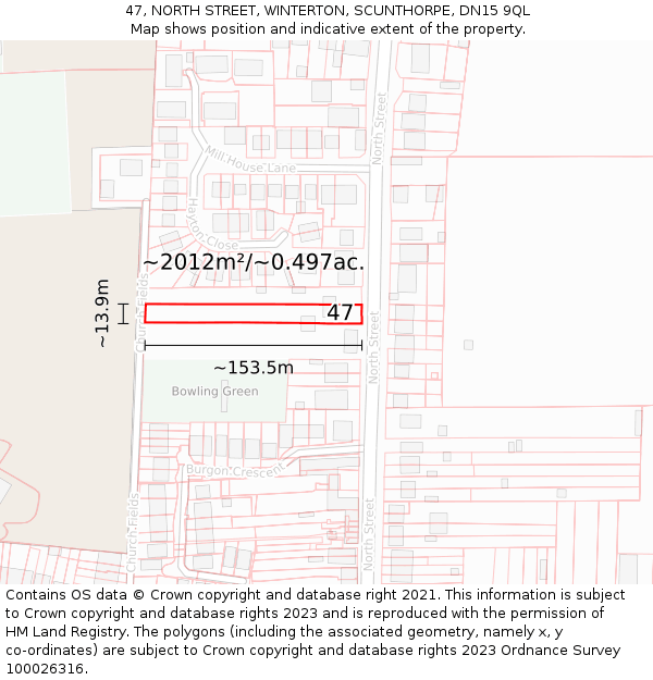 47, NORTH STREET, WINTERTON, SCUNTHORPE, DN15 9QL: Plot and title map