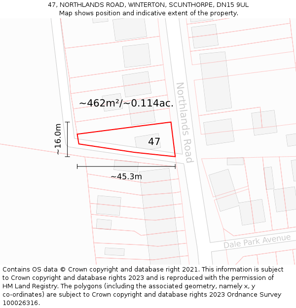 47, NORTHLANDS ROAD, WINTERTON, SCUNTHORPE, DN15 9UL: Plot and title map