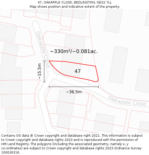 47, OAKAPPLE CLOSE, BEDLINGTON, NE22 7LL: Plot and title map