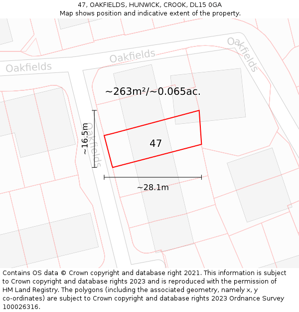 47, OAKFIELDS, HUNWICK, CROOK, DL15 0GA: Plot and title map