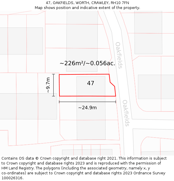 47, OAKFIELDS, WORTH, CRAWLEY, RH10 7FN: Plot and title map