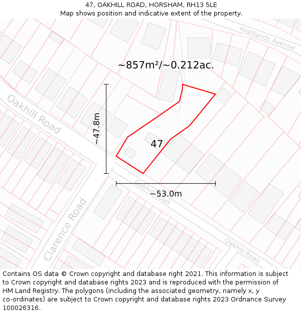 47, OAKHILL ROAD, HORSHAM, RH13 5LE: Plot and title map