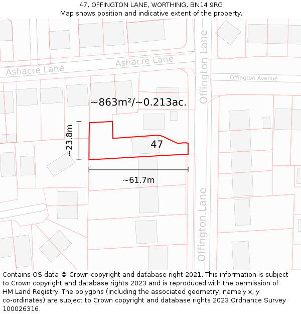 47, OFFINGTON LANE, WORTHING, BN14 9RG: Plot and title map