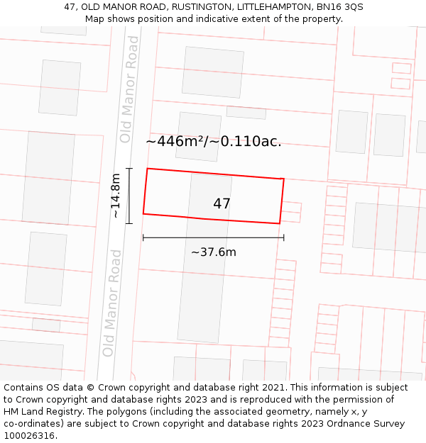 47, OLD MANOR ROAD, RUSTINGTON, LITTLEHAMPTON, BN16 3QS: Plot and title map