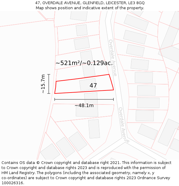 47, OVERDALE AVENUE, GLENFIELD, LEICESTER, LE3 8GQ: Plot and title map
