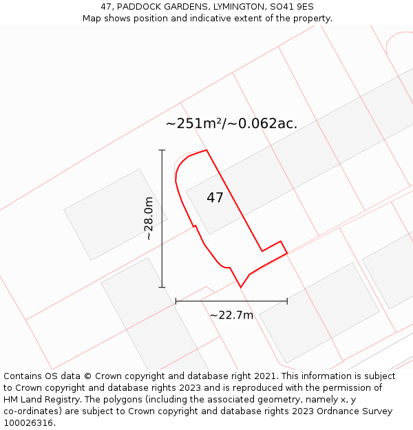 47, PADDOCK GARDENS, LYMINGTON, SO41 9ES: Plot and title map