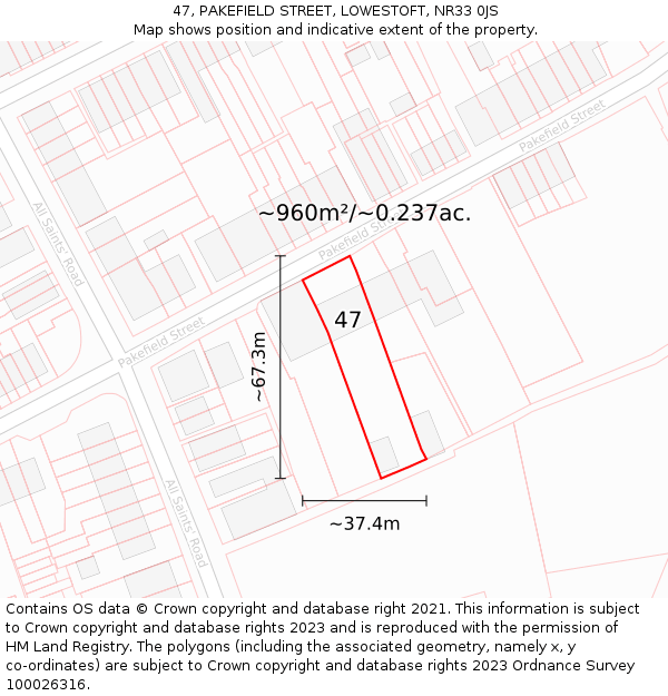 47, PAKEFIELD STREET, LOWESTOFT, NR33 0JS: Plot and title map