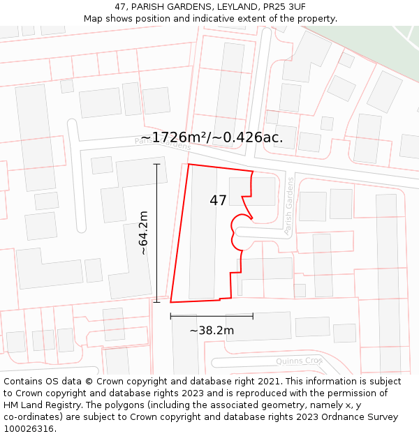 47, PARISH GARDENS, LEYLAND, PR25 3UF: Plot and title map